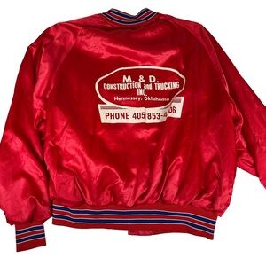 Red Satin Bomber Jacket vintage construction‎ trucking blue